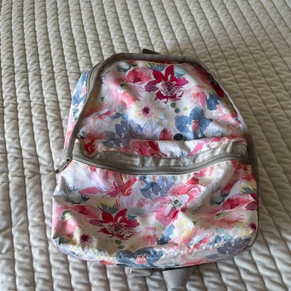 LeSportsac Light Blue Backpack with Pink Rose Print Double Trouble Backpack - Pink Roses Embroidery – LeSportsac main image 2